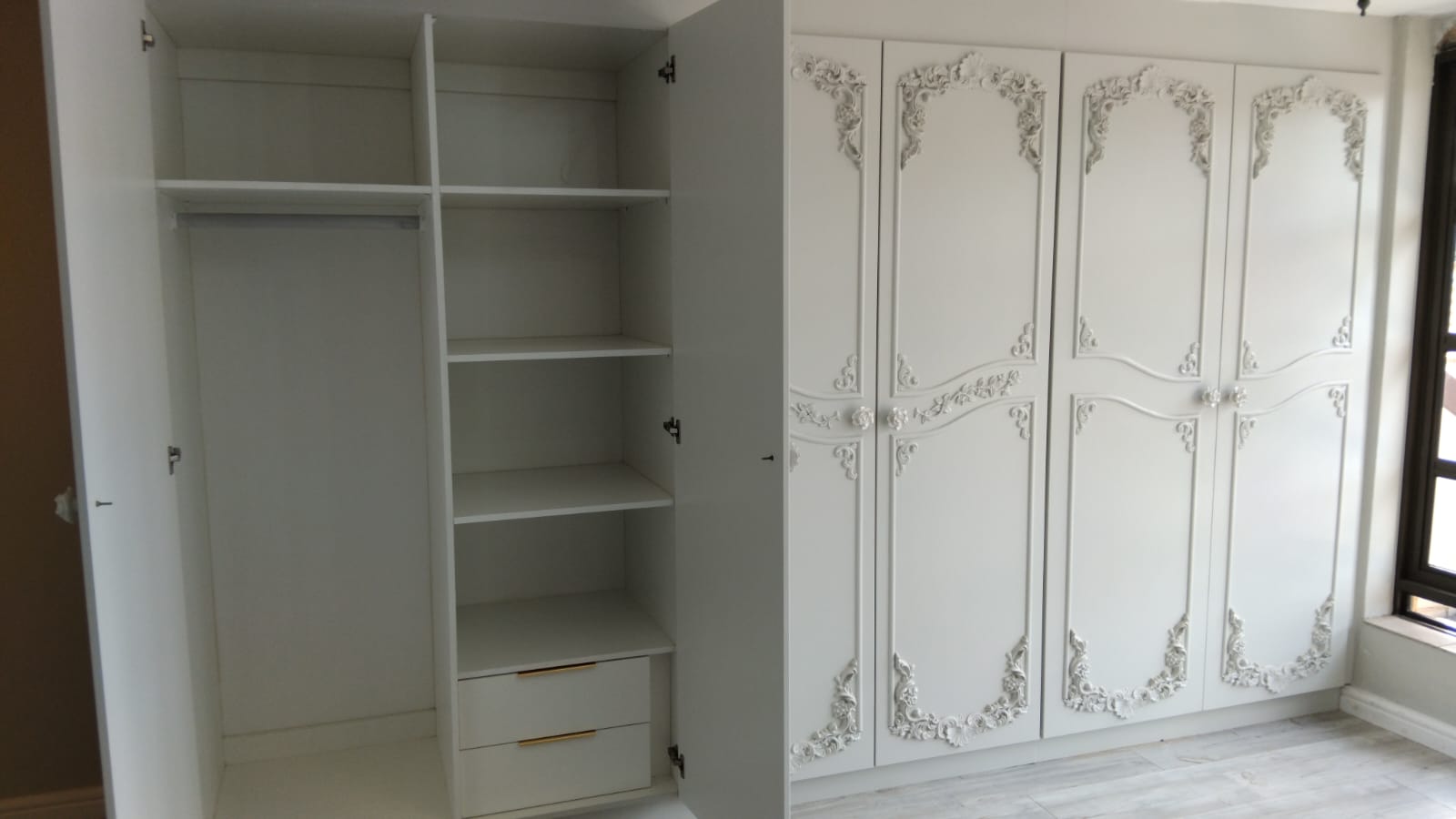 Custom designed built-in wardrobe with moulding details in Centurion